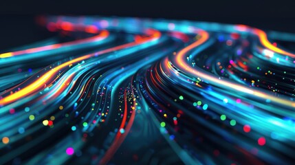 A vibrant 3D digital rendering depicting a dynamic field of interlaced strings, resembling a stream of data with colorful, glowing lines and particles.