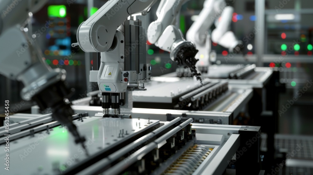 Aufkleber a row of robotic arms work in a factory setting, assembling products on a conveyor belt.