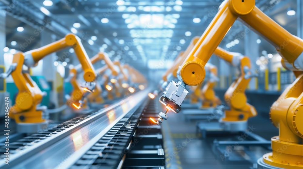 Poster a row of robotic arms work on an assembly line in a modern factory