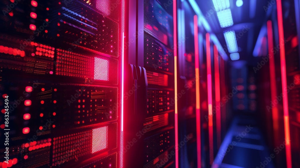 Poster a row of servers in a data center, illuminated by red and blue lights. the servers are in a secure, 
