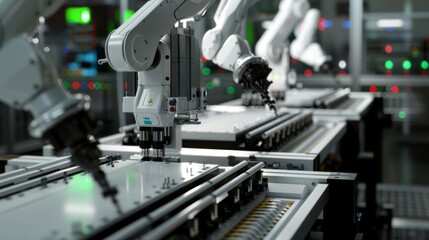 A row of robotic arms work in a factory setting, assembling products on a conveyor belt.