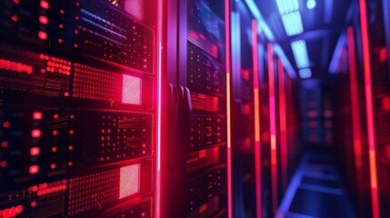 Obraz premium A row of servers in a data center, illuminated by red and blue lights. The servers are in a secure, controlled environment.