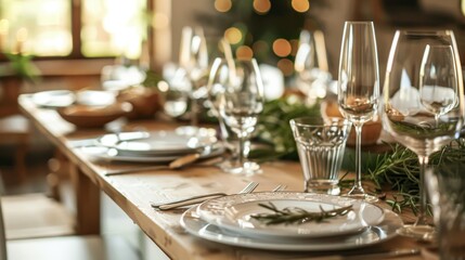 A rustic dining table set for a special occasion, with elegant plates, silverware, and wine glasses.