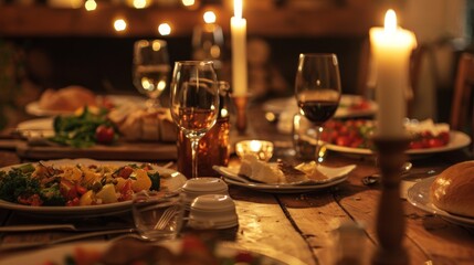 A rustic table setting with candlelight and wine glasses, perfect for a cozy and intimate dinner party.