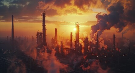 Obraz premium Industrial Sunset Over River With Smoke Plumes
