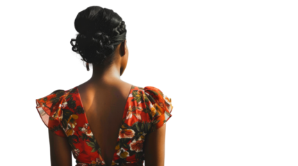 Young woman standing back view on transparent background