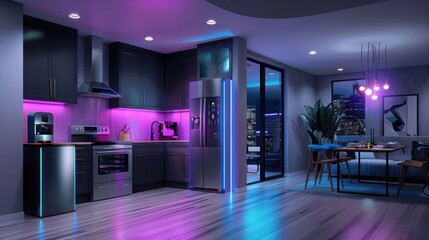 A modern kitchen with smart appliances and display screens, featuring vibrant blue and purple ambient lighting, sleek cabinetry, and a cozy dining area with cityscape views.