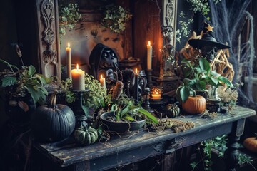 A rustic wooden table adorned with candles, pumpkins, herbs, and other witchy paraphernalia for Halloween.