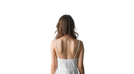 Young woman standing back view on transparent background