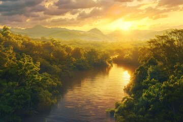A serene river winds through a lush jungle, bathed in the golden light of a setting sun.