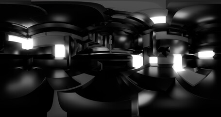 3d rendering. HDRI environment map. 360 degree spherical seamless vr panorama. Abstract empty t interior with abstract rectangular decorative elements with neon lighting.