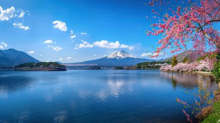 Naklejka premium Panorama view of Mountain fuji in Japan during cherry blossom spring season