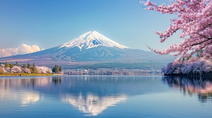Panorama view of Mountain fuji in Japan during cherry blossom spring season