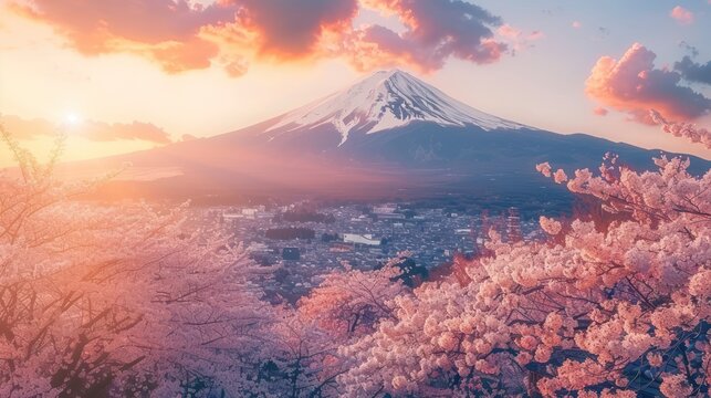 Panorama view of Mountain fuji in Japan during cherry blossom spring season