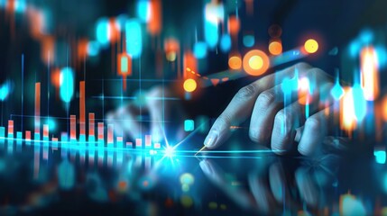 A businessman analyzes and calculates financial data, focusing on a digital interface with various graphs and charts, under vibrant, glowing lights.