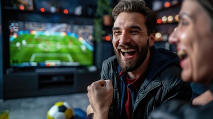 Two excited sports fans cheer and celebrate in a cozy living room while watching a soccer match on...