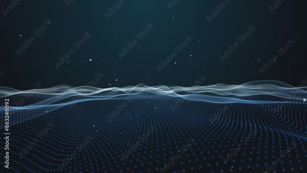 Poster futuristic video animation with particle wave object in slow motion, 4096x2304 loop 4k