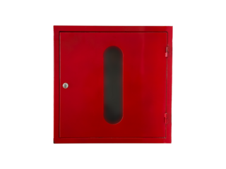 Red metal box with fire hydrant is isolated on transparent background.