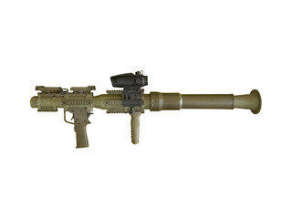 Modern olive colored rocket-propelled grenade launcher is isolated on transparent background.