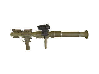 Modern olive colored rocket-propelled grenade launcher is isolated on transparent background.