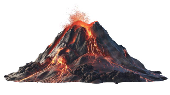 Erupting volcano isolated on transparent background