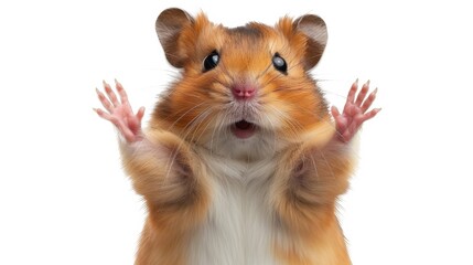 A cute hamster stands on its hind legs with its front paws raised, appearing playful and curious....