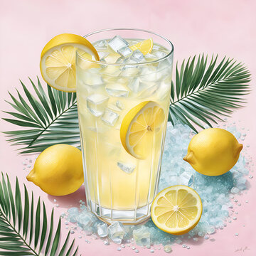 a glass filled with lemonade decorated with cool ice and lemon slices