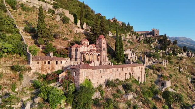 Ruins of old town in Mystras, Greece - archaeology background