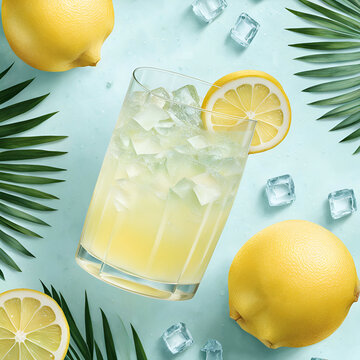 a glass filled with lemonade decorated with cool ice and lemon slices