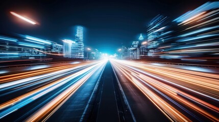 Fototapeta premium A dynamic, futuristic cityscape at night highlighting urban innovation through vibrant light trails and illuminated skyscrapers in a high-tech aesthetic.