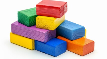 A stack of colorful wooden blocks isolated on white background.