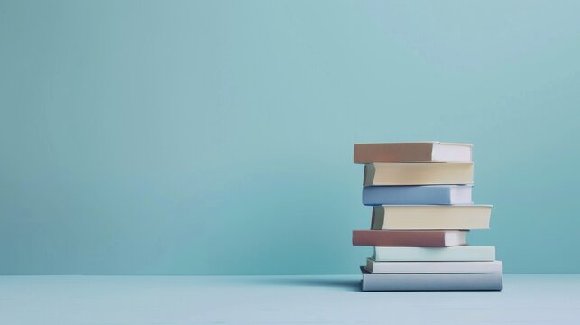 A stack of five books against a light blue background.