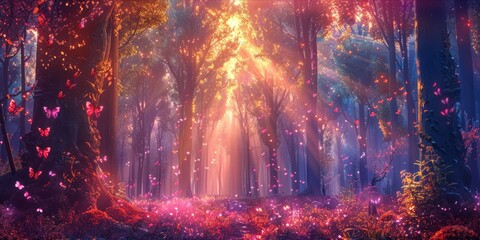 Fototapeta premium Magical forest with glowing trees and mystical atmosphere.
