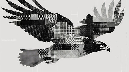   A photo of a bird soaring in the sky with a pattern of squares on its wings, captured in shades of black and white