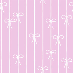 Pink seamless pattern with bows and stripes. Vector hand drawn illustration.
