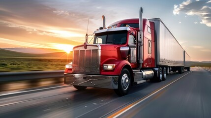A heavily built, classic, stylish red semi-truck cruises on a highway with a beautiful sunset in the background, portraying power and elegance.
