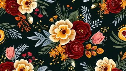 A seamless pattern of vibrant, multi-colored flowers and leaves set against a dark background, creating a bold and dynamic floral design.