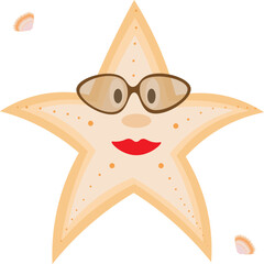 Cute cartoon starfish wearing sunglasses. Funny marine character.
