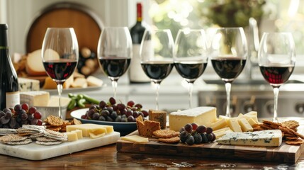 Fototapeta premium A table set for a wine tasting with various cheeses, grapes, and crackers.
