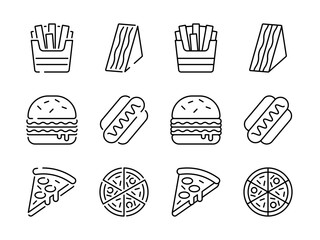 Fast food icon set. Basic flat design snack. French fries, sandwich, hamburger, hot dog, pizza sign symbol. Dish, junk food, burger, hotdog, bread.
