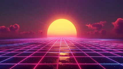 A vibrant 80s-style sunset over a futuristic grid landscape. Neon colors and a retro aesthetic create a dynamic and nostalgic feel.