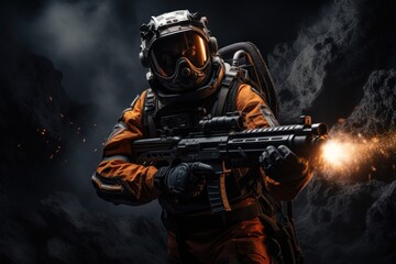 Fototapeta premium An astronaut in a spacesuit and helmet takes aim from a rifle with a muzzle flash against the background of a rock.