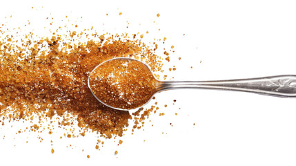 Brown sugar in the spoon on transparent background