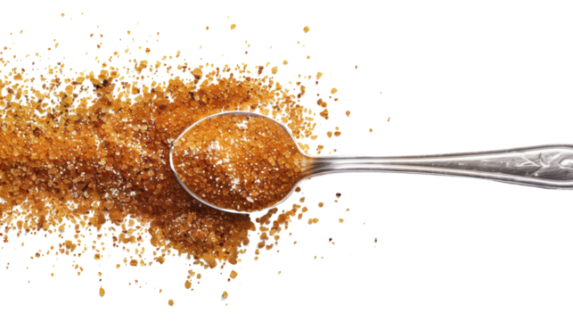 Brown sugar in the spoon on transparent background