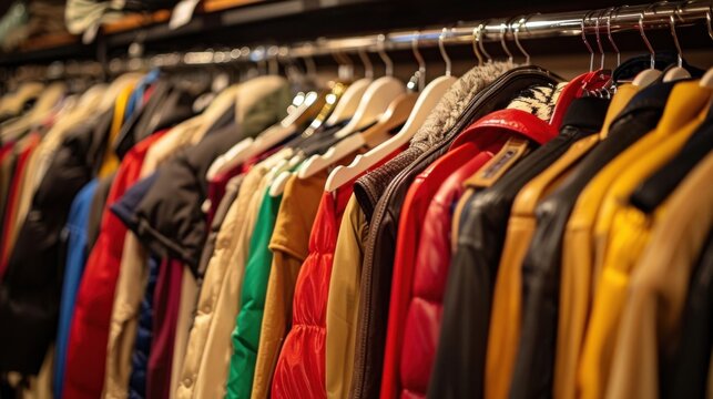 A row of various jackets and coats hanging on a rack, promoting a coat drive to motivate clothing donations.