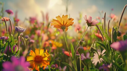 A vibrant field of wildflowers bathed in warm sunlight. The flowers bloom in a variety of colors, creating a stunning display of nature's beauty.