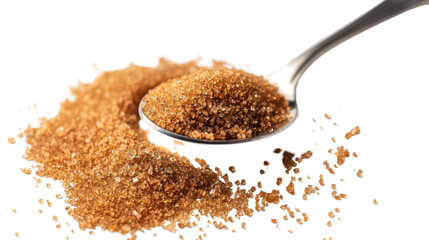 Brown sugar in the spoon on transparent background