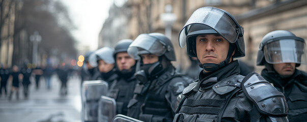 Obraz premium A team of vigilant police officers, clad in protective gear and helmets, maintains readiness and discipline while standing in formation, representing authority and commitment in an urban environment.