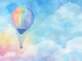 Naklejka premium A vibrant hot air balloon with rainbow stripes floats against a dreamy watercolor sky.