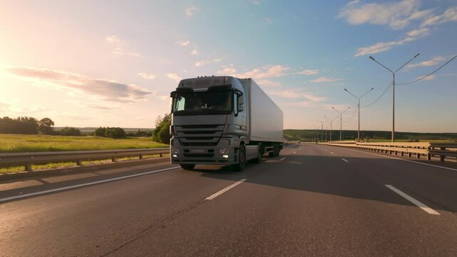 Cargo truck with semi-trailer driving on road with scenic landscape in sunlight, logistics and delivery of goods by freight transportation.